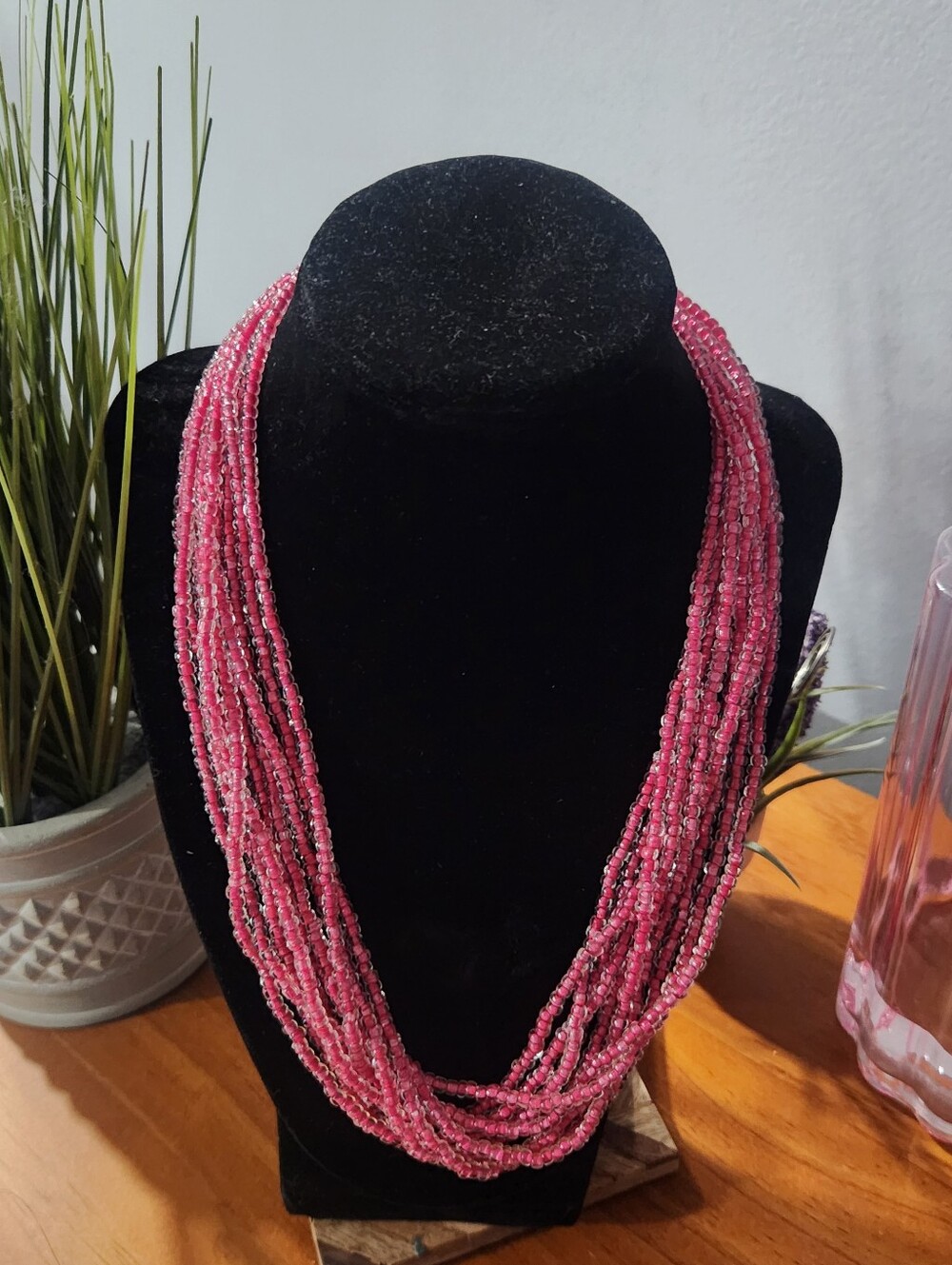 Multi-Strand Pink Glass Beaded Statement Necklace